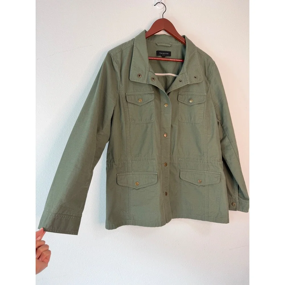 Talbots Olive Green Utility Jacket Womens XL Button Snap Military Gorpcore Chic - Picture 4 of 9